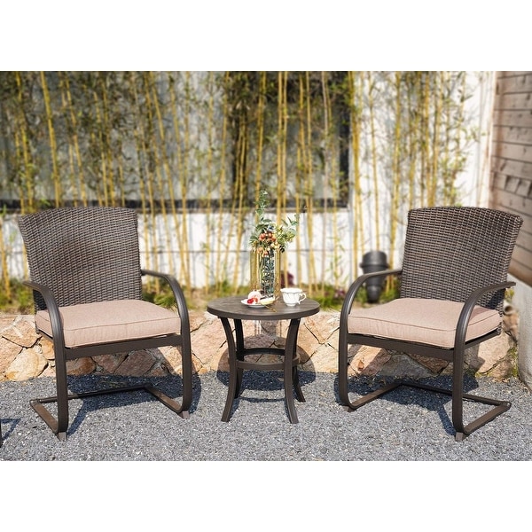 3 Piece CSpring Bistro Set，Outdoor Patio Rocking Wicker Chairs with Cushions and Small Coffee Table，for Porch，Garden