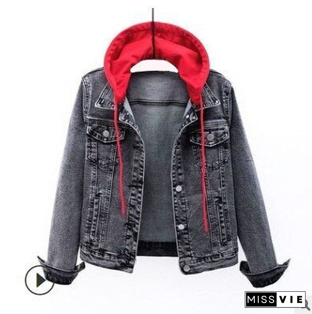 Jacket women Women's denim jacket short spring and autumn hooded jacket all-match student jacket Plush denim jacket Parkas