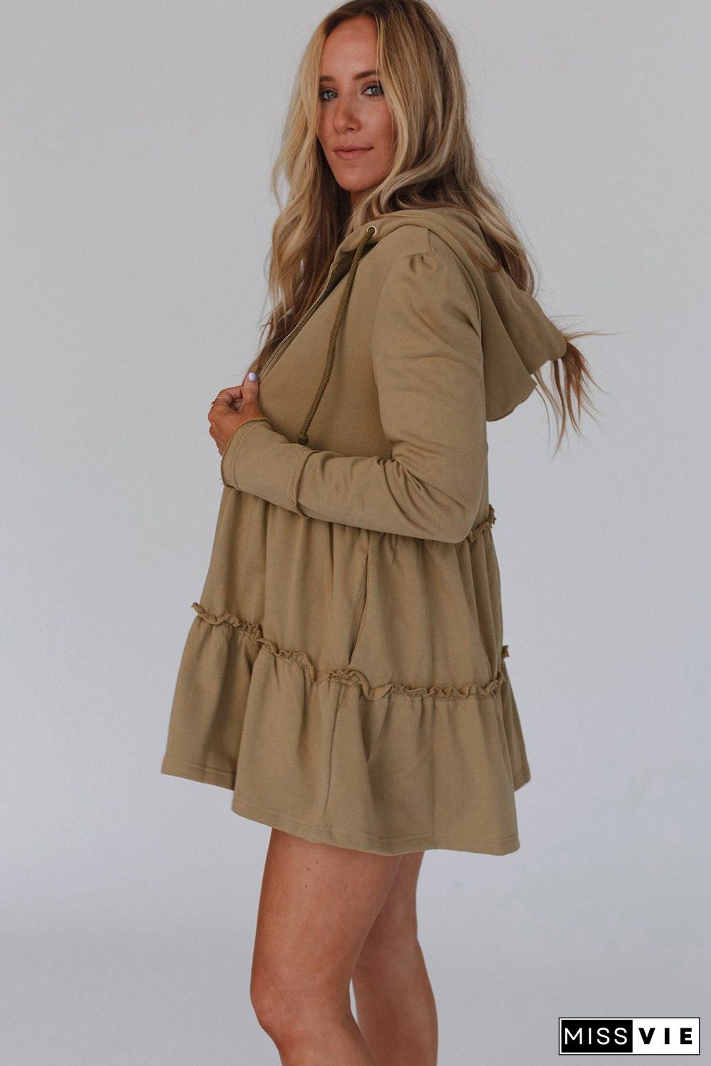 Khaki Tiered Ruffled Zip-Up Drawstring Hooded Jacket