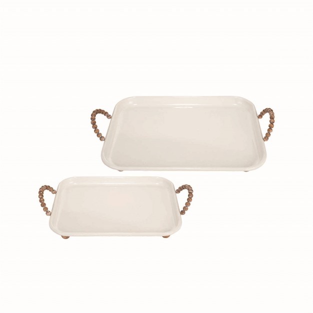 Set Of 2 White Enamel Decorative Trays With Wood Bead Handles Foreside Home amp Garden