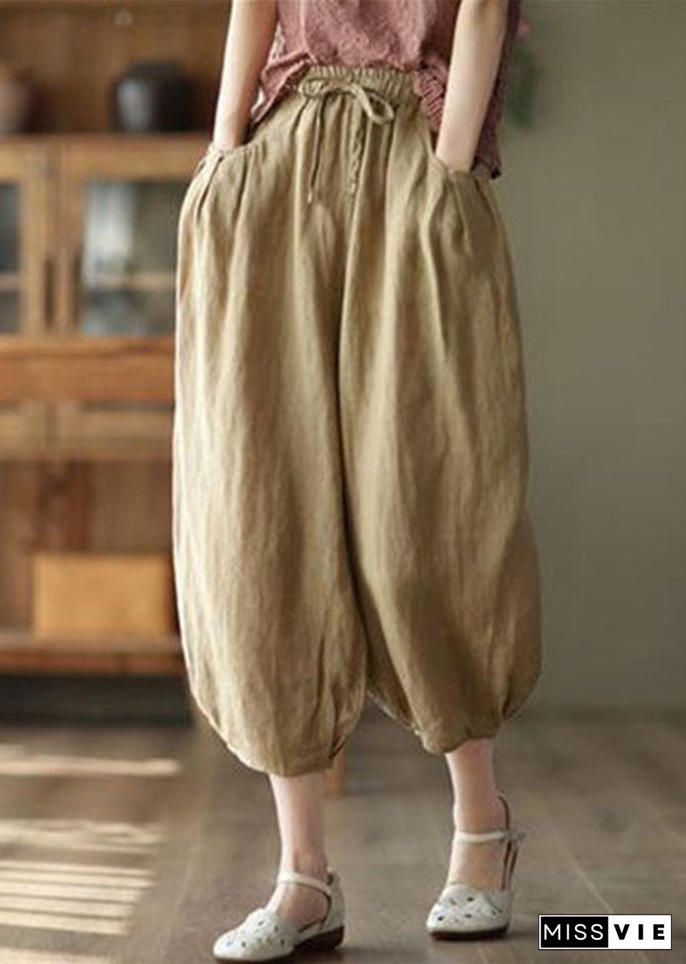 Unique Brown Pockets Patchwork Linen Crop Pants Summer