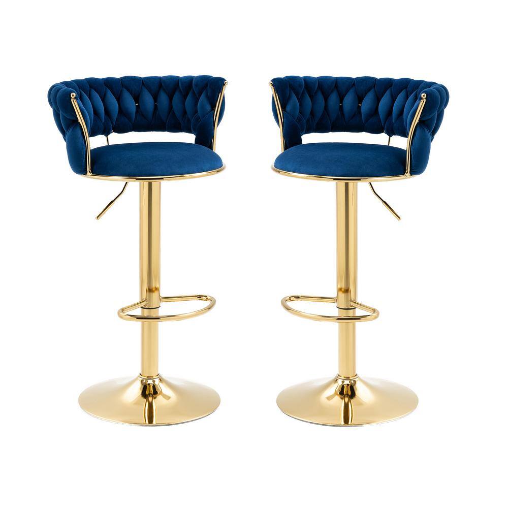 HOMEFUN 37.8 in. Swivel Adjustable Height Golden Metal Frame Cushioned Bar Stool with Navy Blue Velvet Seat (Set of 2) HFHDSN-882NY-2