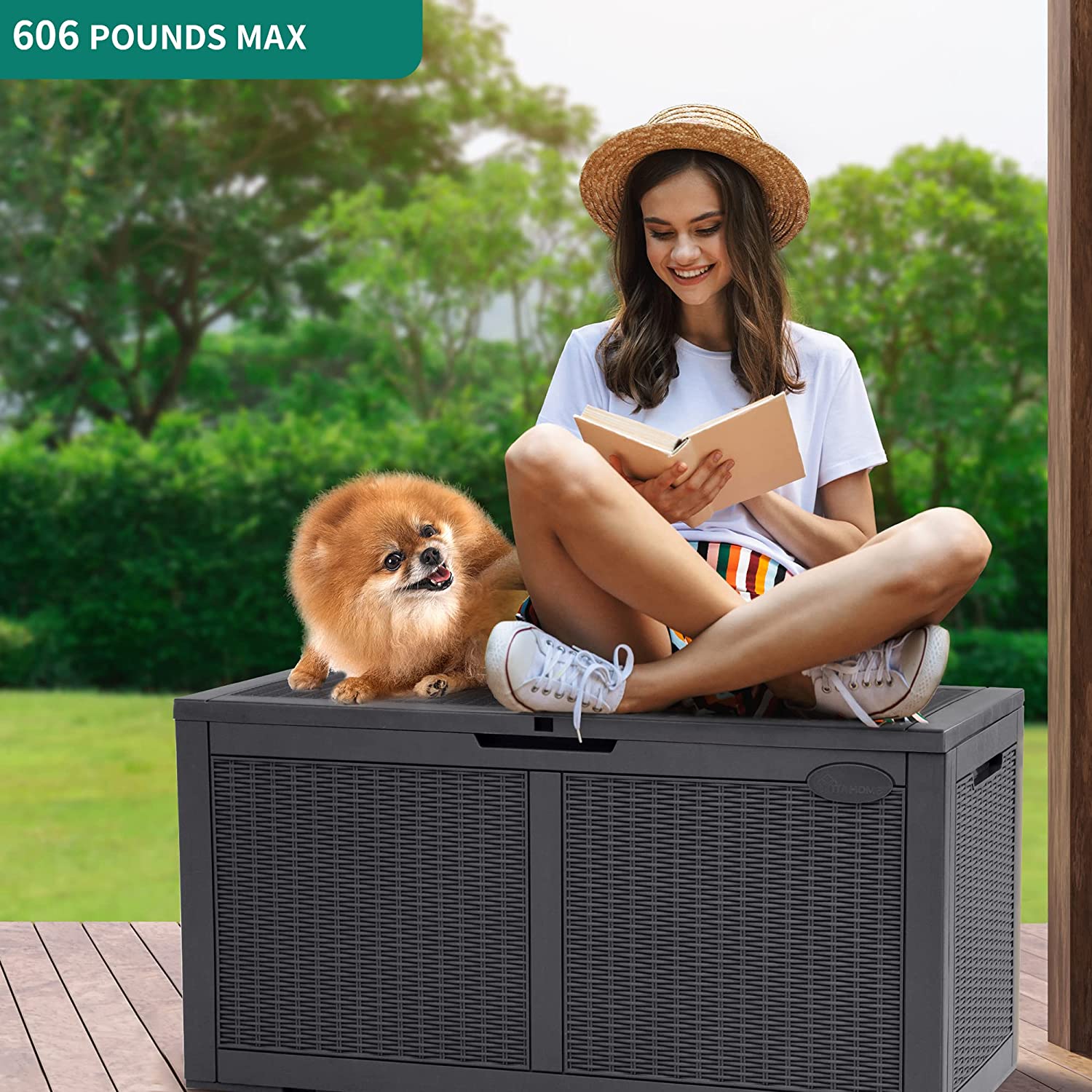 YITAHOME 100 Gallon Large Deck Box Upgrade Resin Outdoor Storage Boxes, Waterproof Patio Cushion Storage Bench for Patio Furniture, Pillows, Pool Supplies, Garden Tools- Rattan,Lockable (Dark Grey)