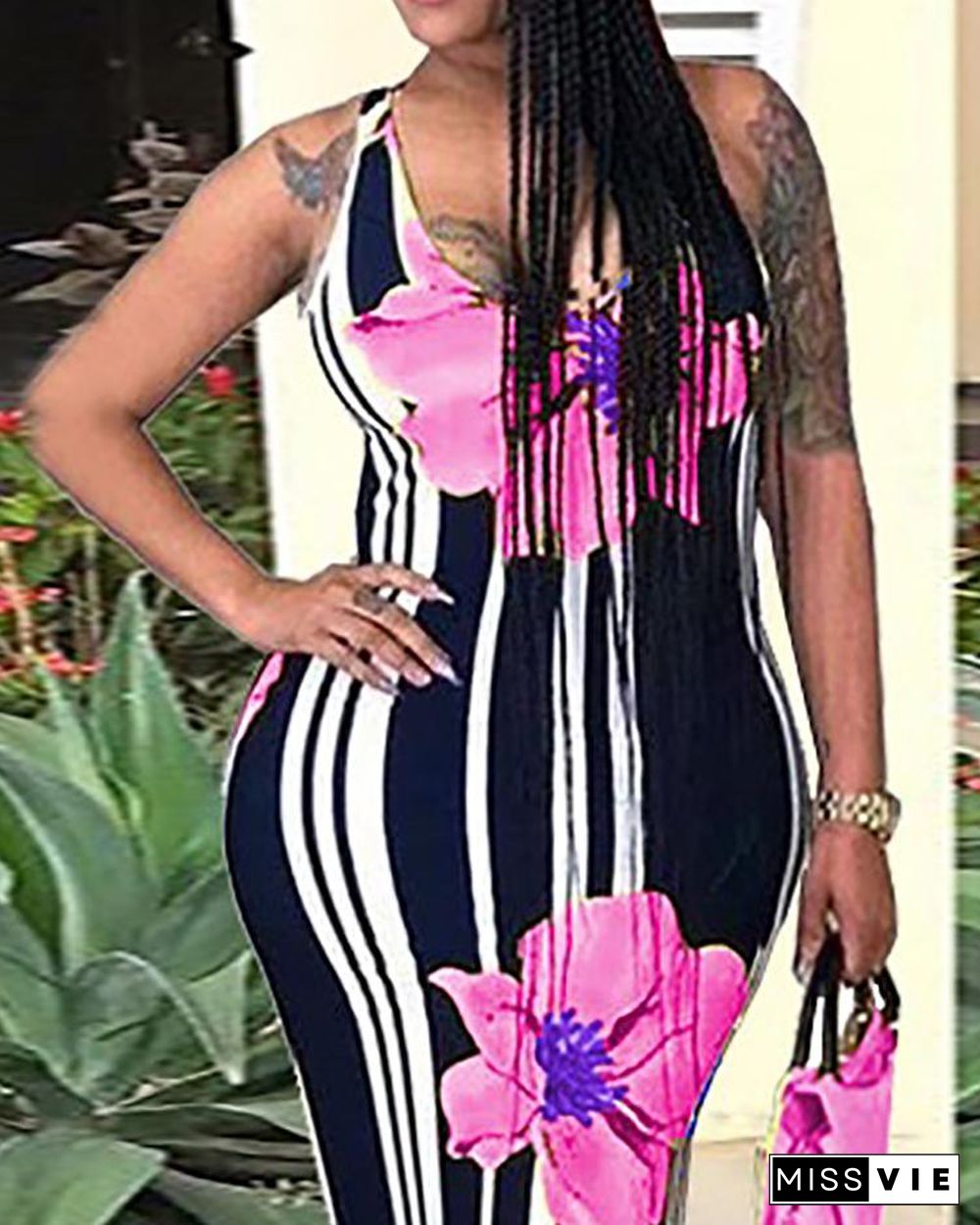 Sexy Floral Print Striped Bodycon Maxi Dress