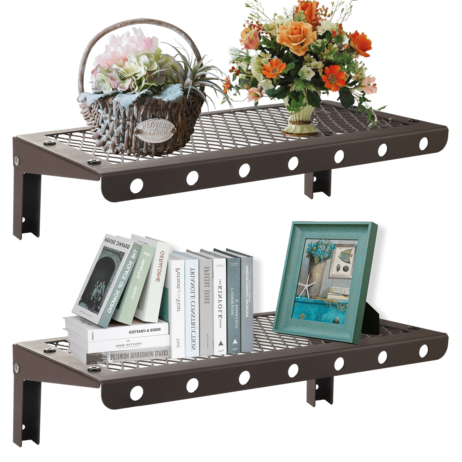 Floating Shelves Set of 2, Metal Shelves, Metal Panels, Folding, for Living Room, Kitchen, Garage, Brown with Hooks.