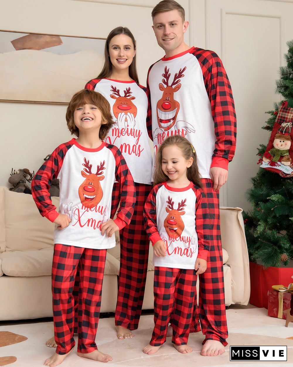 Christmas Cartoon Deer Plaid Parent-Child Sleepwear 2PCS