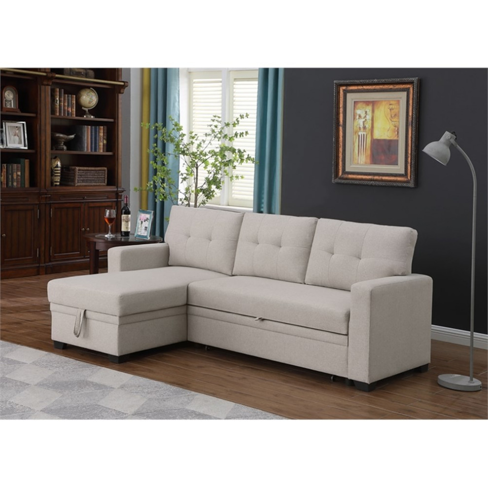 Devion Furniture Polyester Fabric Reversible Sleeper Sectional Sofa Beige   Transitional   Sleeper Sofas   by Homesquare  Houzz