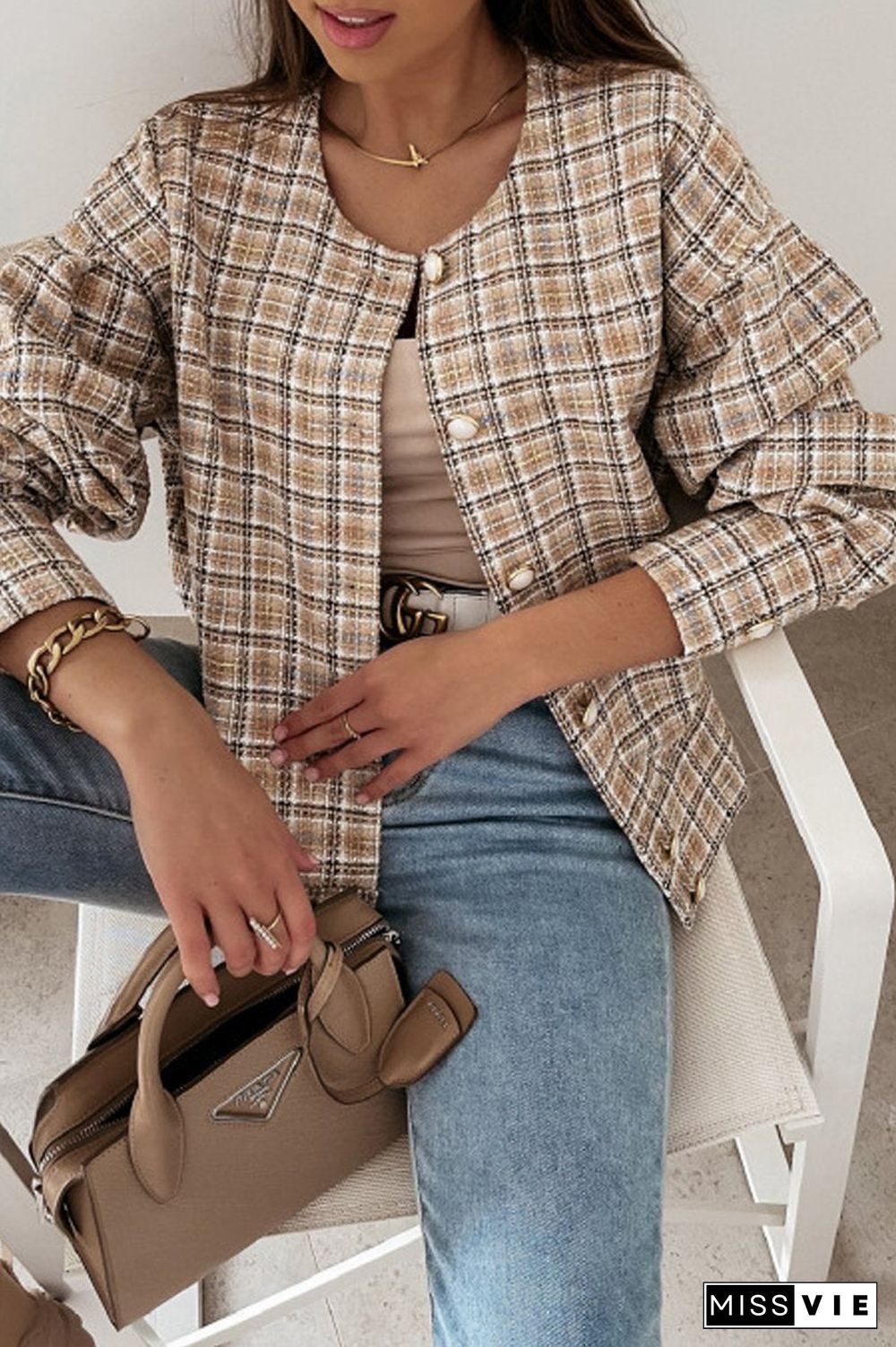 Long Sleeve Plaid Print Short Jacket