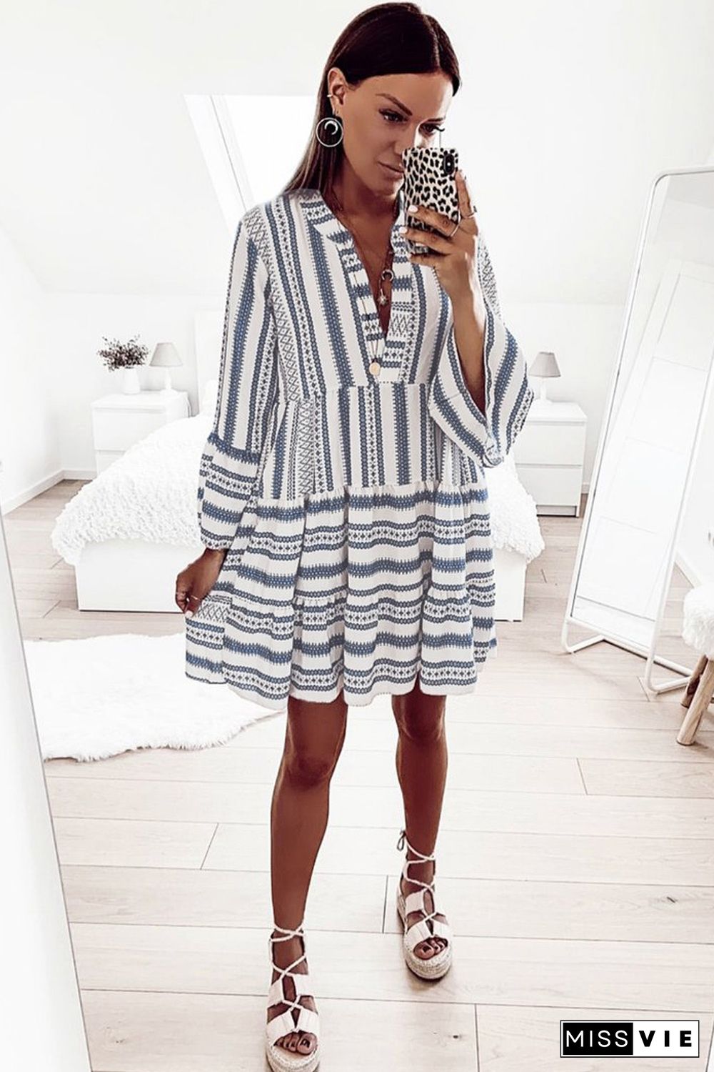 Sky Blue Geometric Print V neck Ruffle Swing Mini Dress