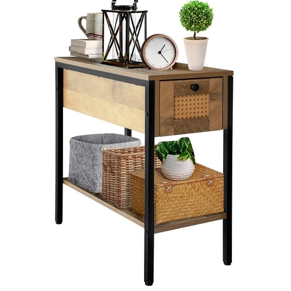 Narrow End Table with Drawer and Shelf - 2 Tier Sofa Side Table