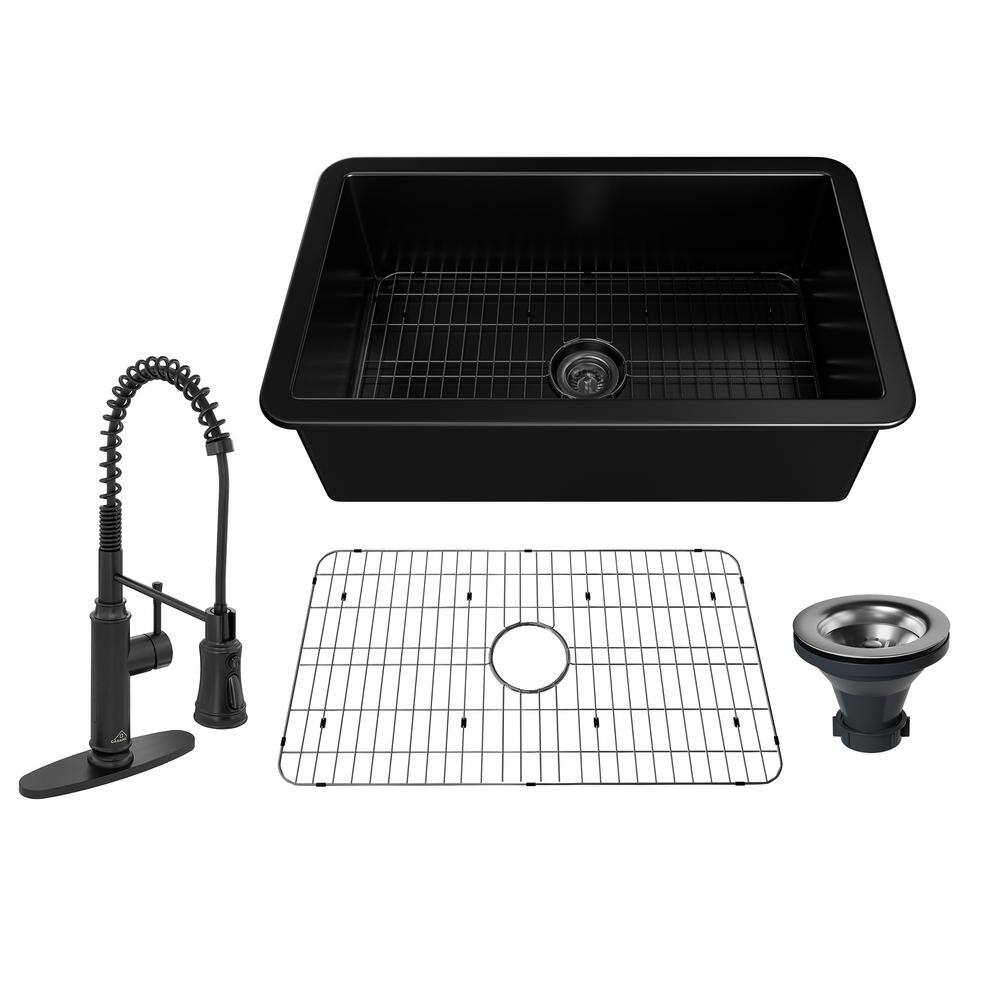 CASAINC All-in-one Matte Black Fireclay 32 in. Single Bowl Undermount Kitchen Sink with Pull Down Faucet and Accessories KCSL0018-UB32MB