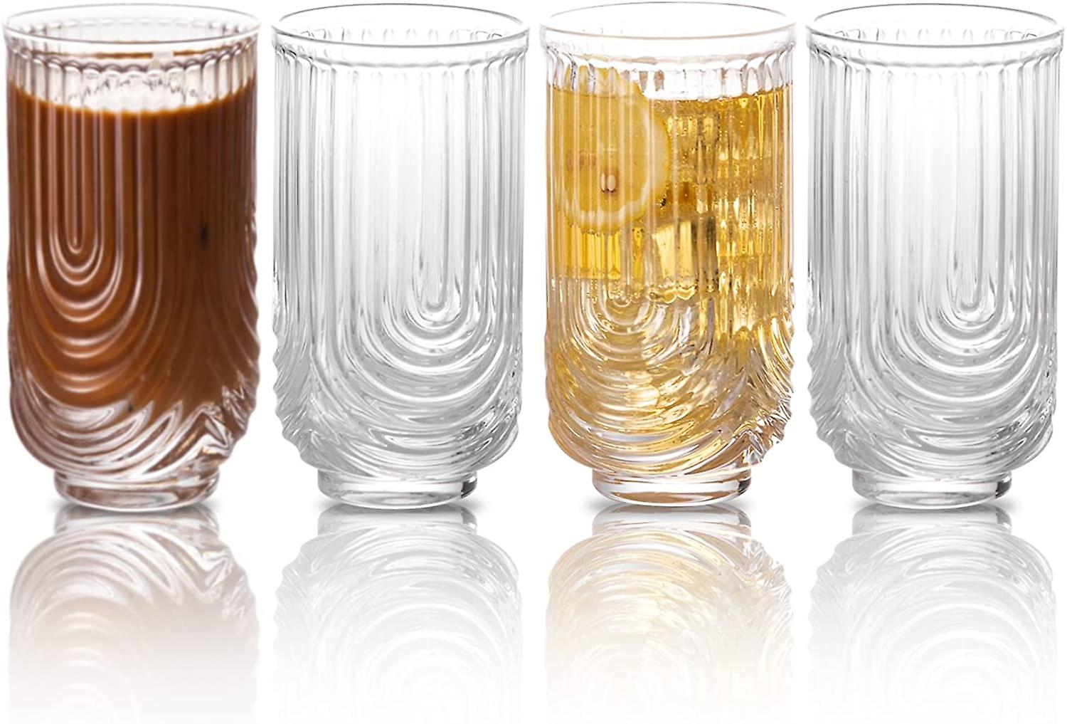 Vintage Glassware Arch Design Glass Cups Set Of 4， Fashioned Ripple Glassware Highball Glass， 15oz Classic Transparent Cocktail Glasses， For Bar Bever