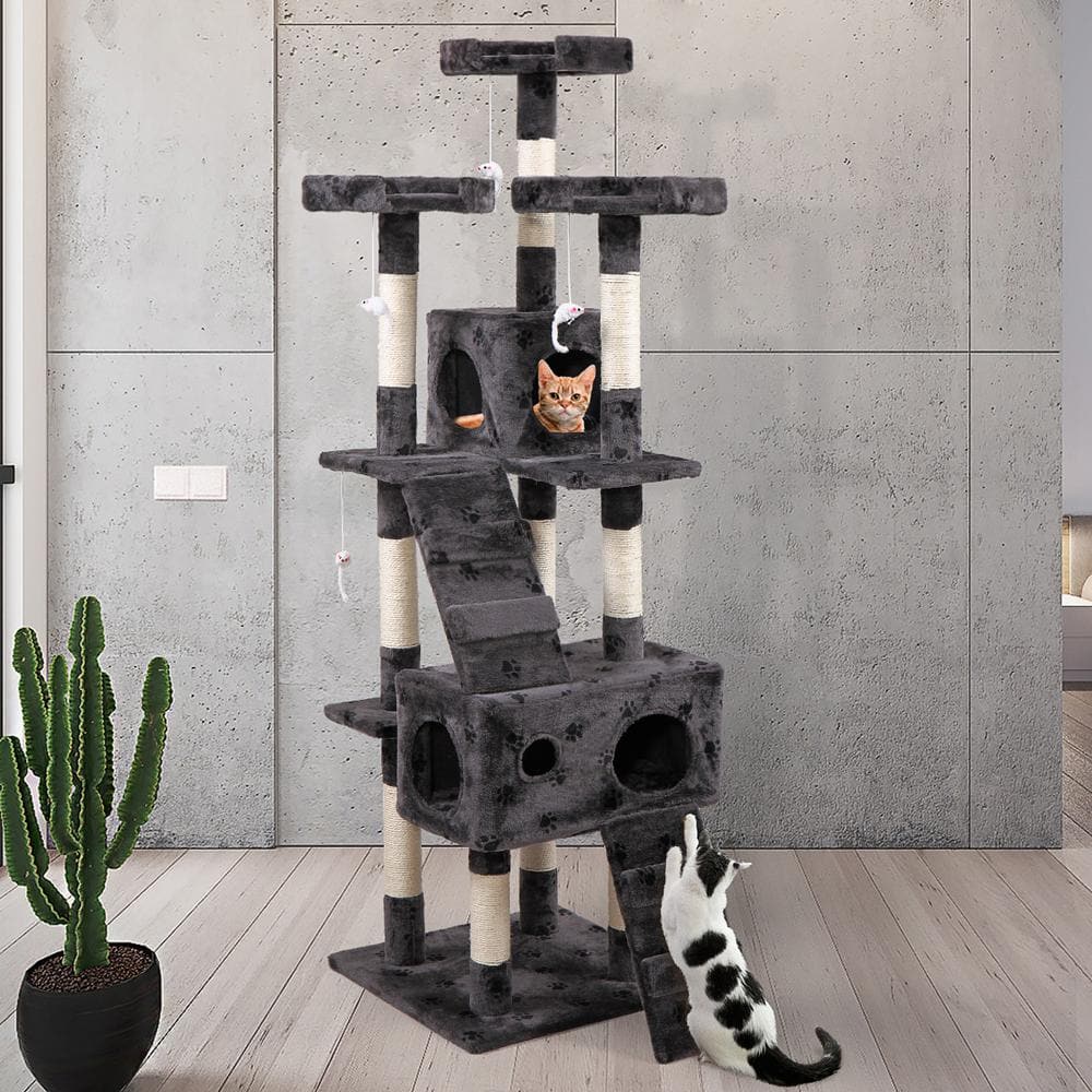 COZIWOW 67 in. Grey with Paw Print Cat Tree Tower Kitten Condo House CW12X0053