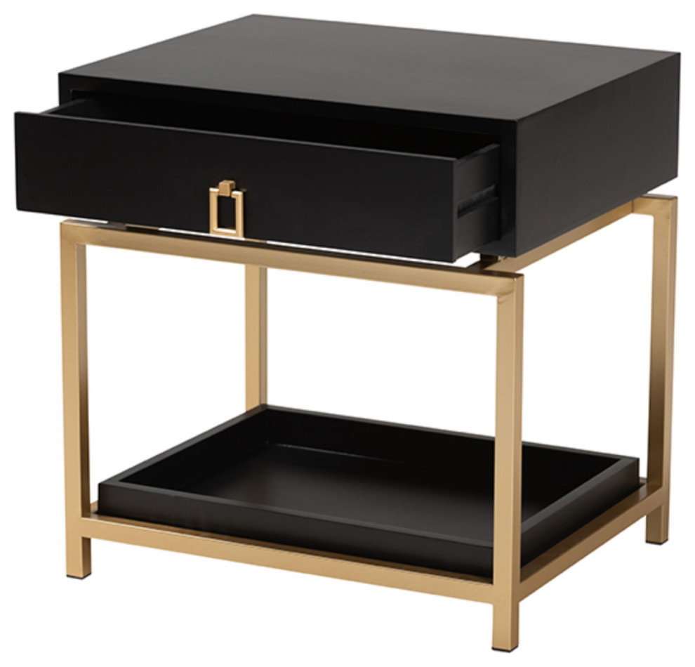 Melosa Glam and Luxe Black Finished Wood and Gold Metal 1 Drawer End Table   Contemporary   Side Tables And End Tables   by VirVentures  Houzz