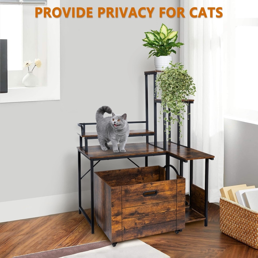 Cat Litter Box Enclosure Furniture with Flower Stand