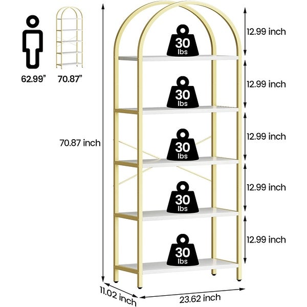 Bookshelf 5 Tier Bookcase Arched Display Racks Tall Standing Bookshelves Mental Frame Modern Storage Rack