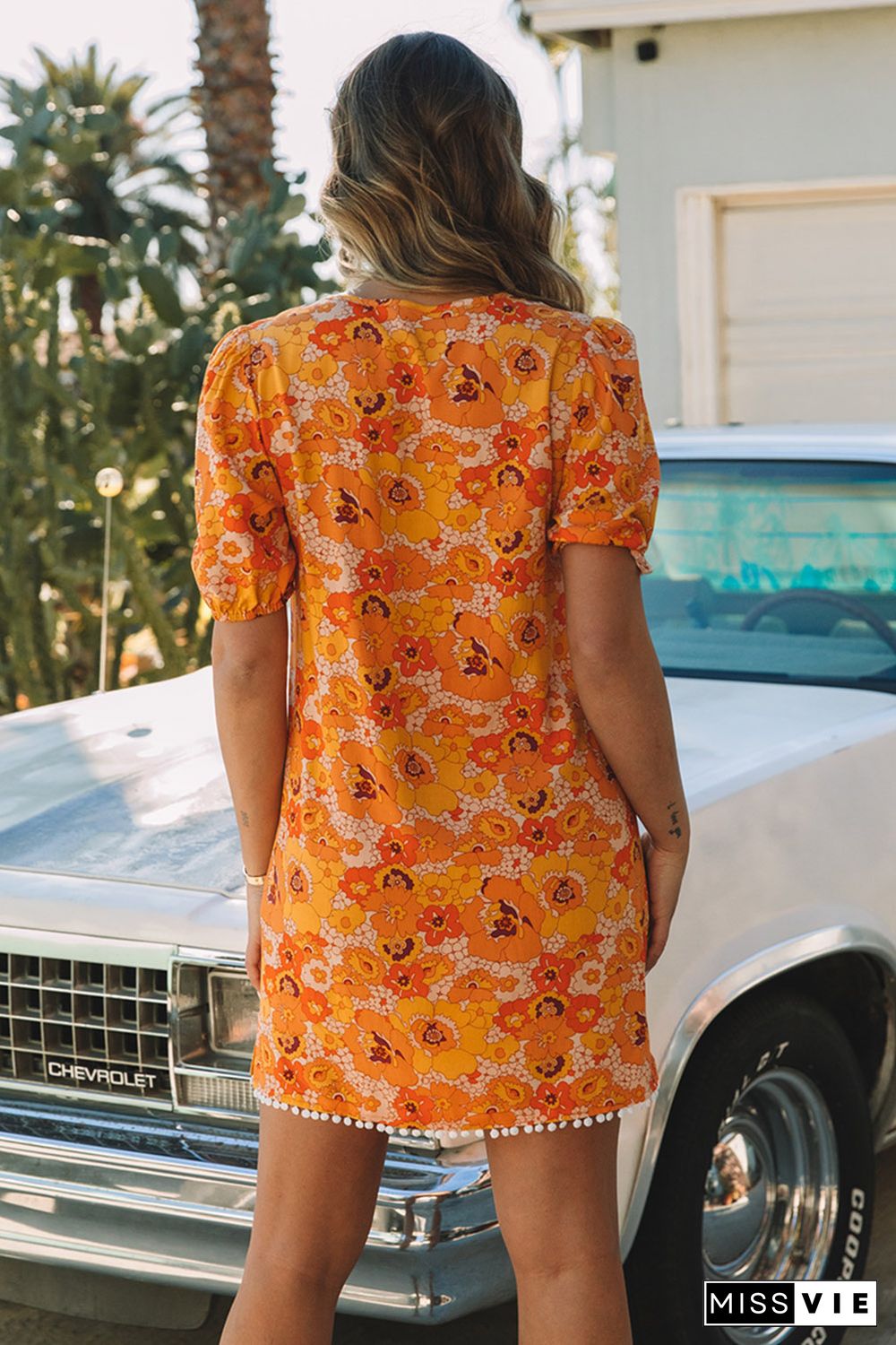 Yellow Puff Sleeve Floral Dress with Pompom Trim