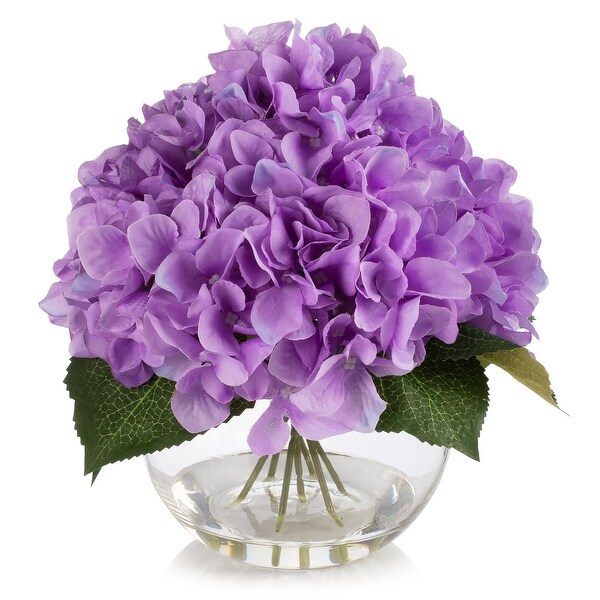 Hydrangea Artificial Flowers in Round Glass Vase with Faux Water，Silk Flower Arrangements in Vase for Home Decor，Wedding Table