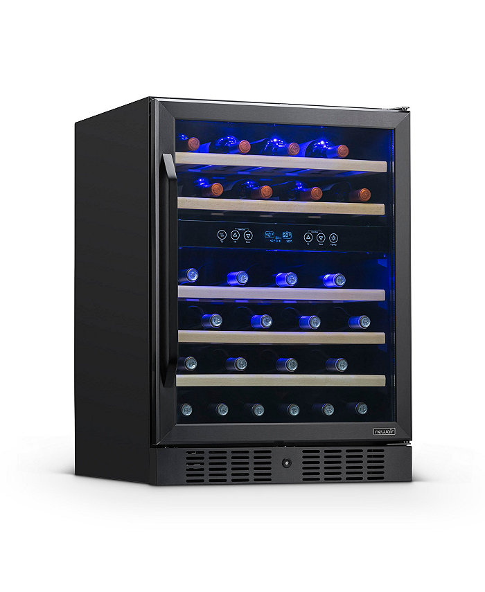 Newair 24 Built-in 46 Bottle Dual Zone Compressor Wine Fridge in Black Stainless Steel Quiet Operation with Beech Wood Shelves