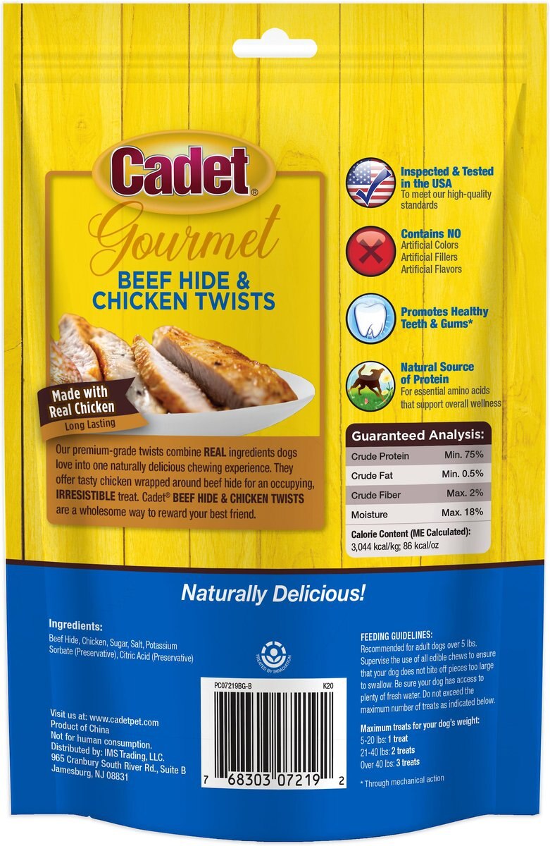 Cadet Gourmet Beef Hide and Chicken Twists Sticks Dog Treats， 5-in