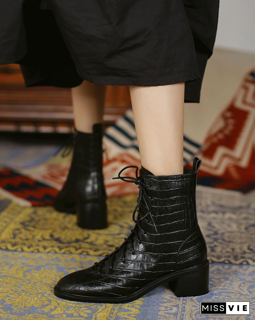 Pointed-toe Crocodile Leather Martin Boots