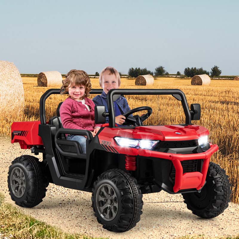 2-Seater Kids Ride On Car, 12V Battery Powered Off-Road UTV Dump Truck with Electric Dump Bed & Shovel