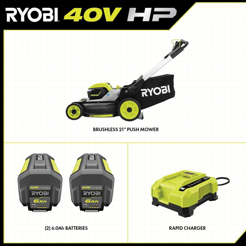 RYOBI 40-Volt HP Brushless 21 in. Whisper Series Cordless Walk-Behind Dual Blade Push Mower w(2) 6.0 Ah Batteries and Charger RY401220