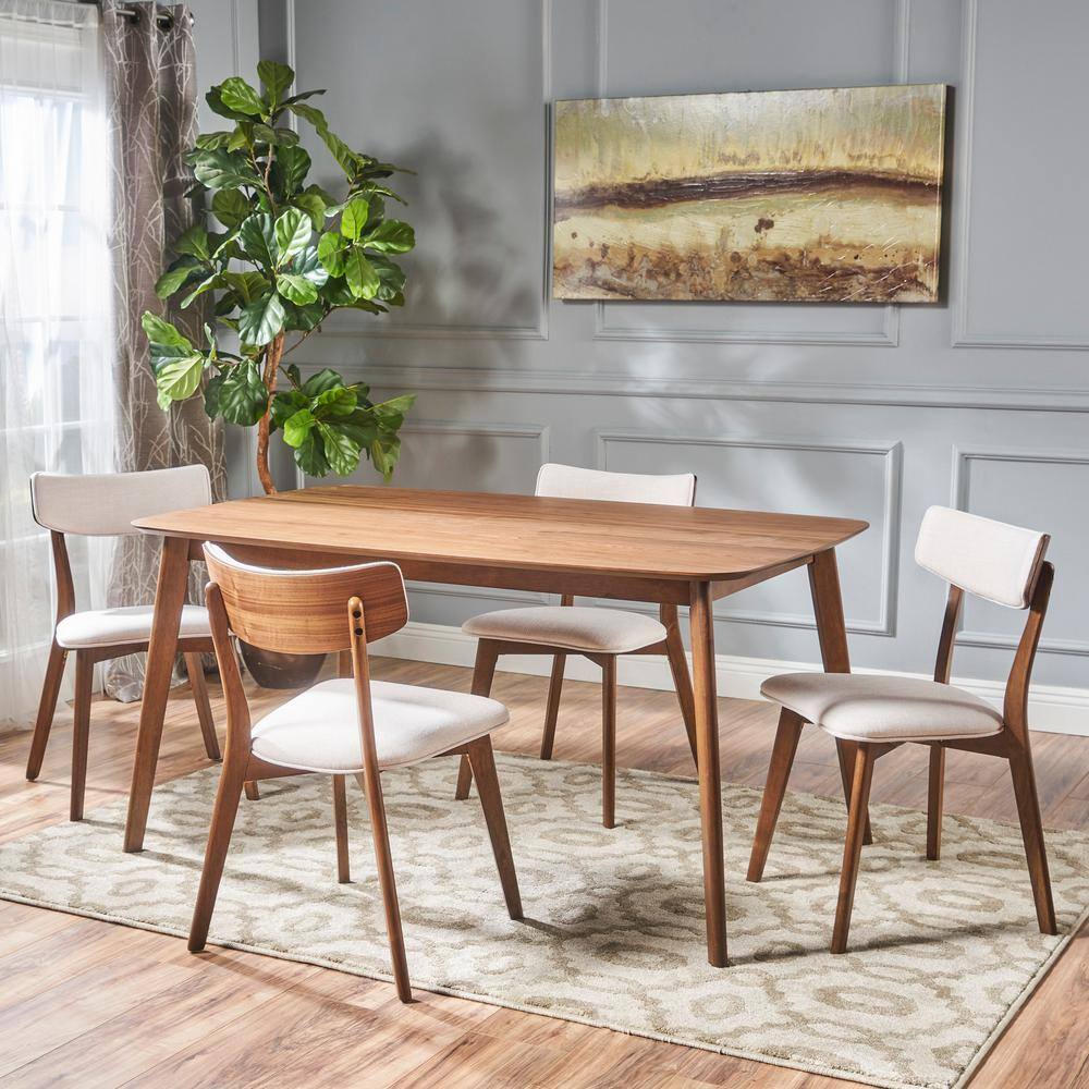 Noble House Alma 5-Piece Natural Walnut and Light Beige Dining Set 18360