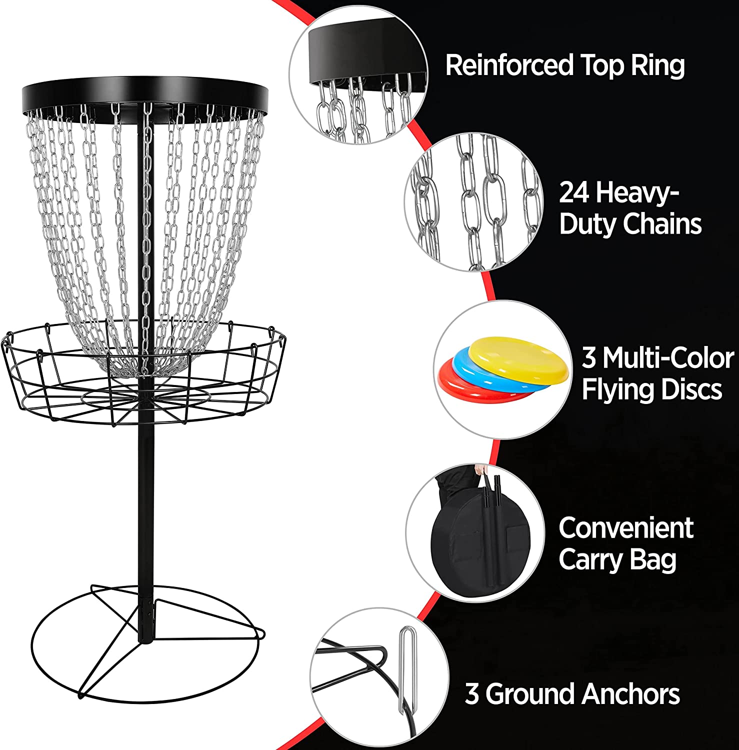 24-Chain Disc Golf Basket with 3 Discs and Weather Resistant Carrying Bag, Portable Disc Golf Practice Basket Target Heavy Duty Metal Frisbee Golf Basket Set for Indoor and Outdoor