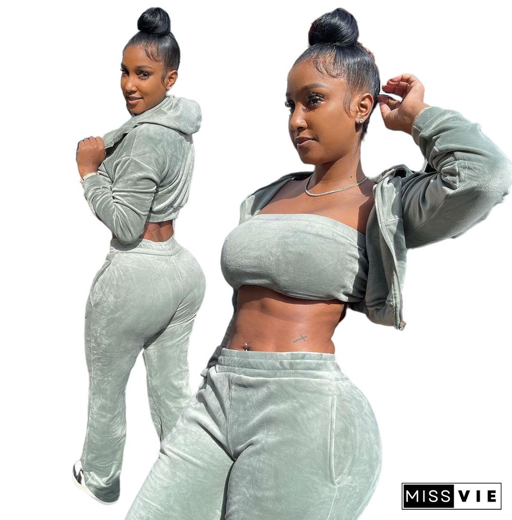 Velvet Zip Hooded Crop Top+Wrap Chest+Pants Set