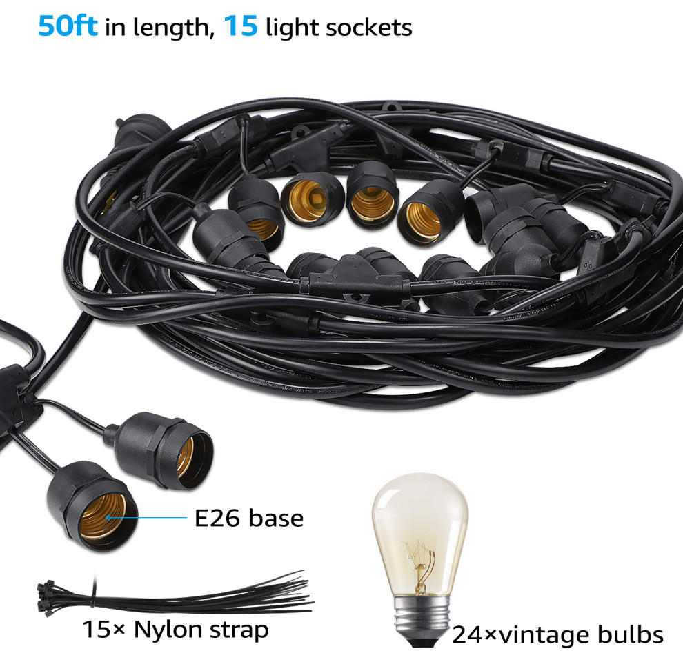 TORCHSTAR 50ft String Light  15 Sockets  15 Bulbs + Extra 9 Free Bulbs   Transitional   Outdoor Rope And String Lights   by W86 Trading Co.  LLC  Houzz