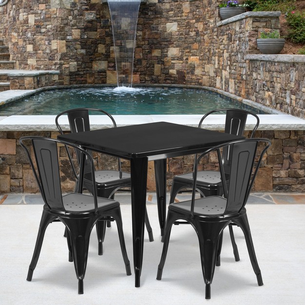 Square Metal Indoor outdoor Table Set With 4 Stack Chairs