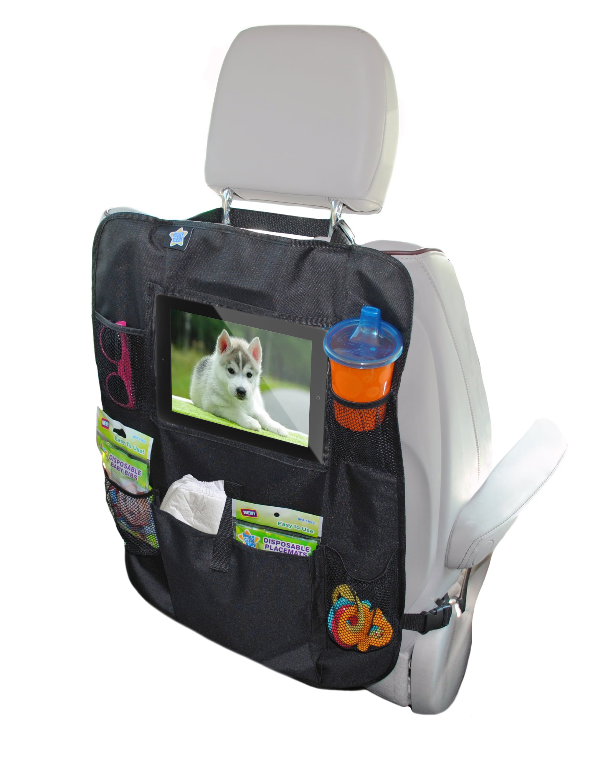 Mighty Clean Car Seat Back Protector - Kick Mat Storage and Organizer, Seat Protector for Baby, and iPad or Screen Viewer