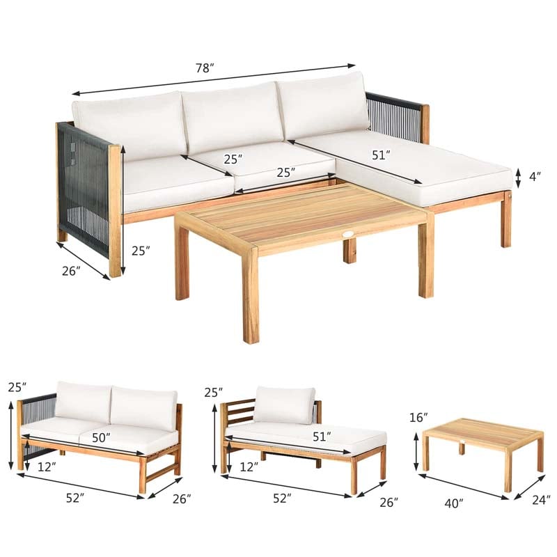 3 Pcs Acacia Wood Patio Conversation Set with Nylon Rope Armrest, L Shape Outdoor Furniture Set