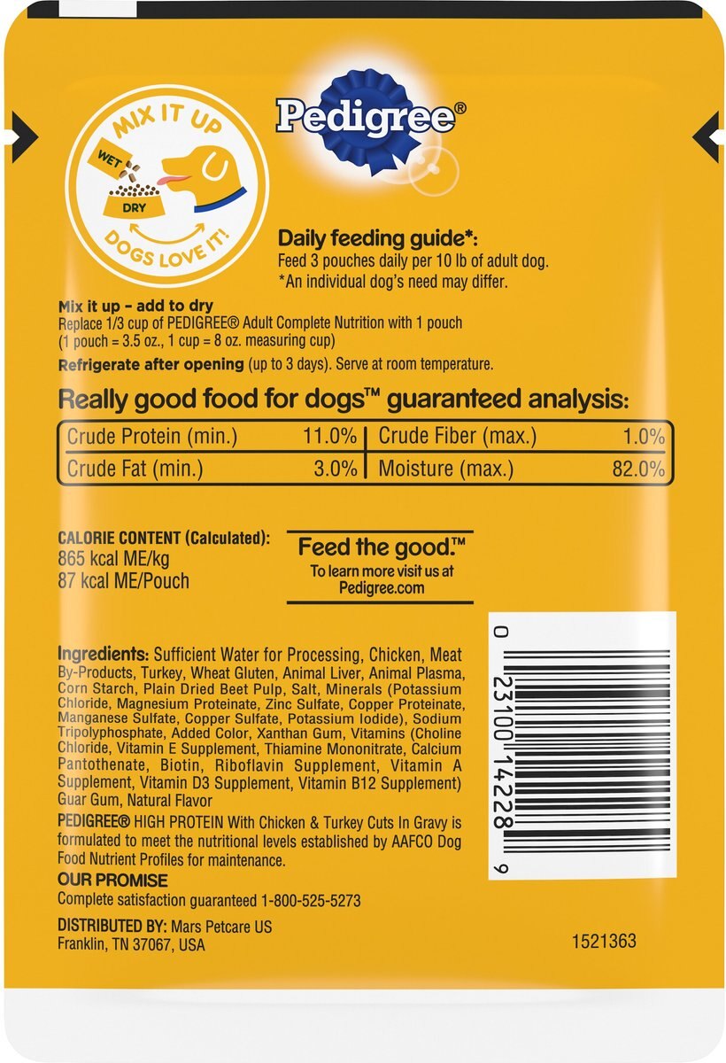 Pedigree High Protein Chicken and Turkey Cuts in Gravy Dog Wet Food， 3.5-oz pouches， 16 count