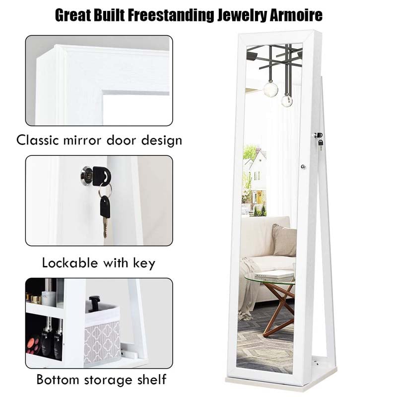 Full-Length Mirror Standing Jewelry Armoire with Inside Makeup Mirror, 2-in-1 Lockable Jewelry Cabinet Organizer