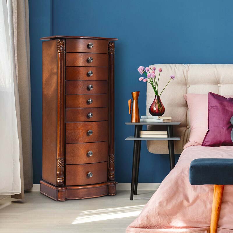 Dark Walnut Large Standing Jewelry Armoire Cabinet with 8 Drawers & 2 Swing Doors, 16 Hooks, Top Mirror Boxes