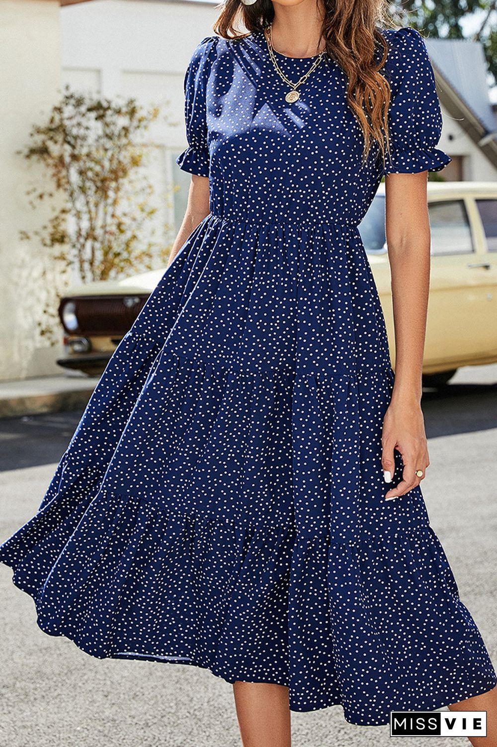 Polkadot Print Puff Sleeve Long Dress Wholesale