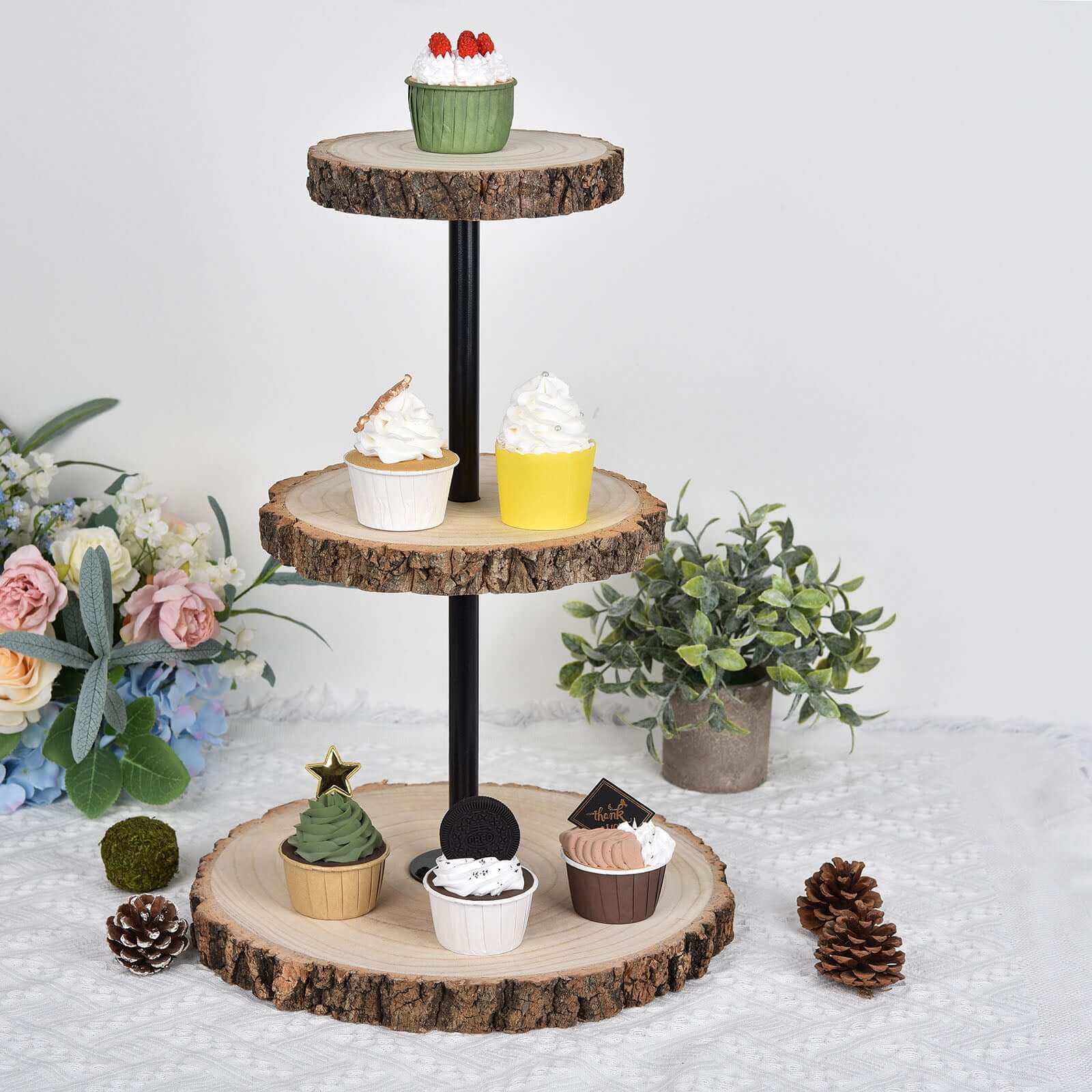 3-Tier Tower Natural Wood Slice Cheese Board Cupcake Stand, Rustic Centerpiece - Assembly Tools Included 19