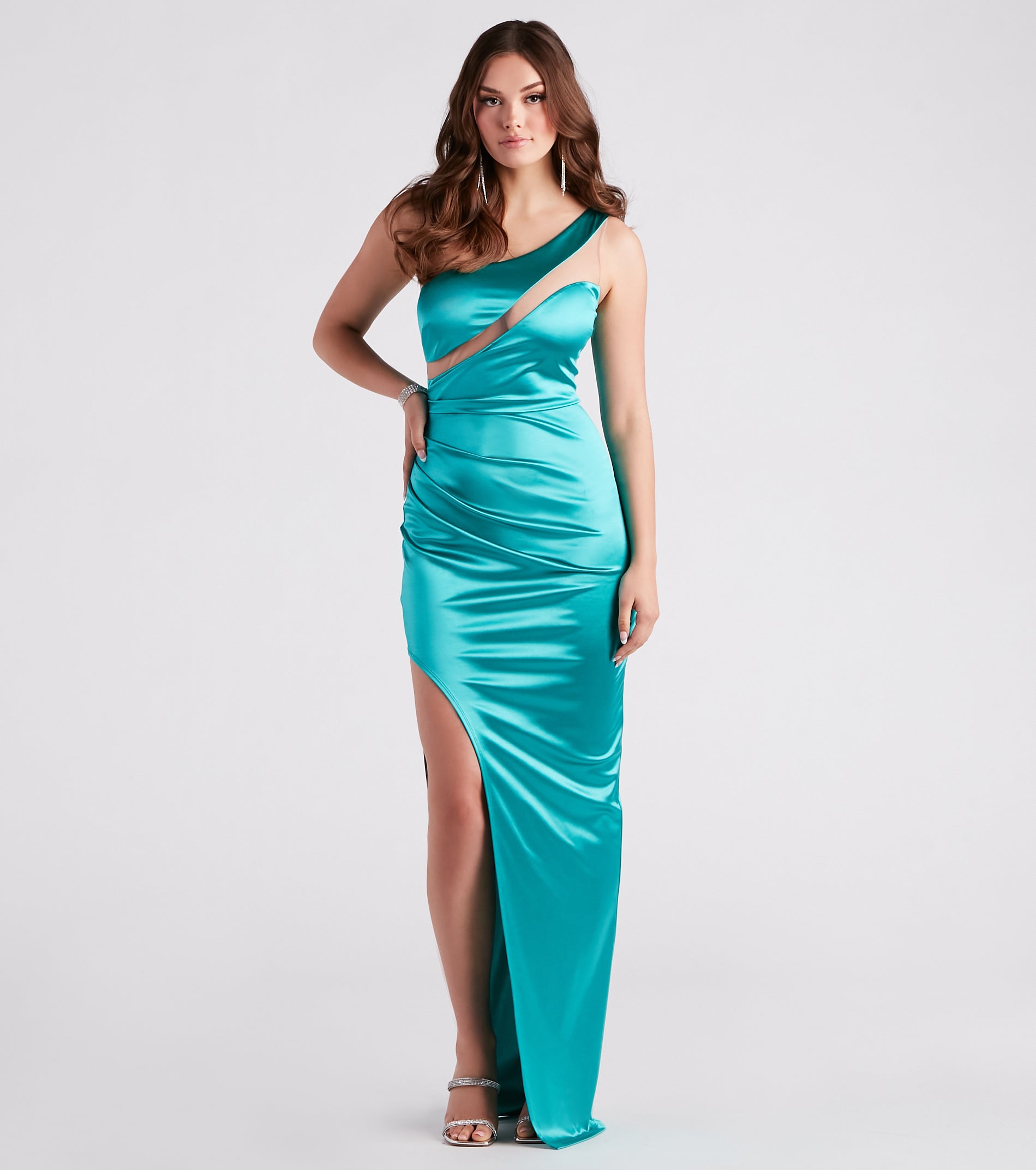 Peyton Satin One-Shoulder Illusion Dress