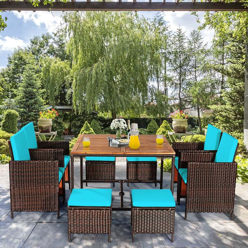 9 Pcs Rattan Wicker Outdoor Patio Dining Set with Acacia Wood Dining table, 4 Ottomans, 4 Cushioned Armchairs