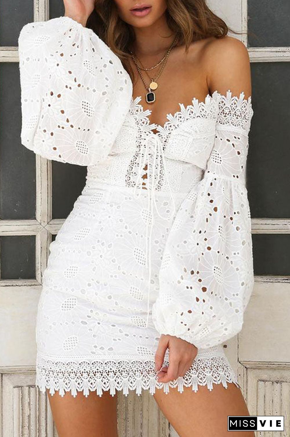 Eyelet Cotton Front Lace Up Off The Shoulder Bodycon Dress