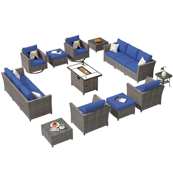 HOOOWOOO 16piece Outdoor Patio Grey Wicker Rattan Furniture Sectional Set with Fire Pit Table