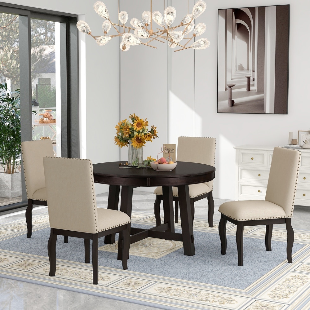 Farmhouse 5 Piece Wood Dining Table Set with Extendable Dining Table and Upholstered Armrests Dining Chairs for Dining Room