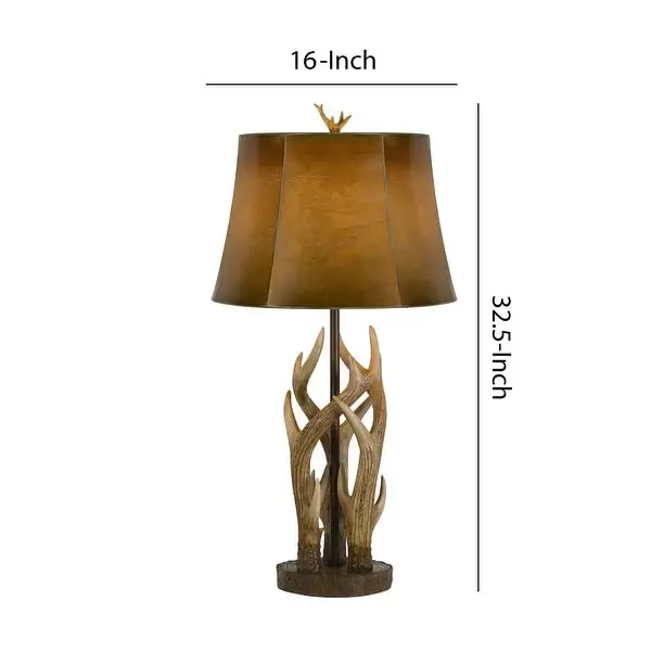 150 Watt Leatherette Shade Table Lamp with Antler Polyresin Base， Brown