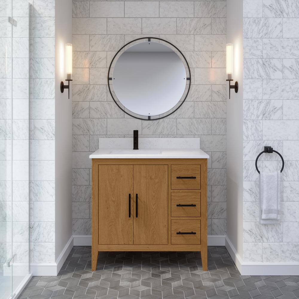 ART BATHE Vienna 36 in. W x 22 in. D Bath Vanity in White Oak Diamond Quartz Top with White Sink Power Bar and Drawer Organizer VA36WO