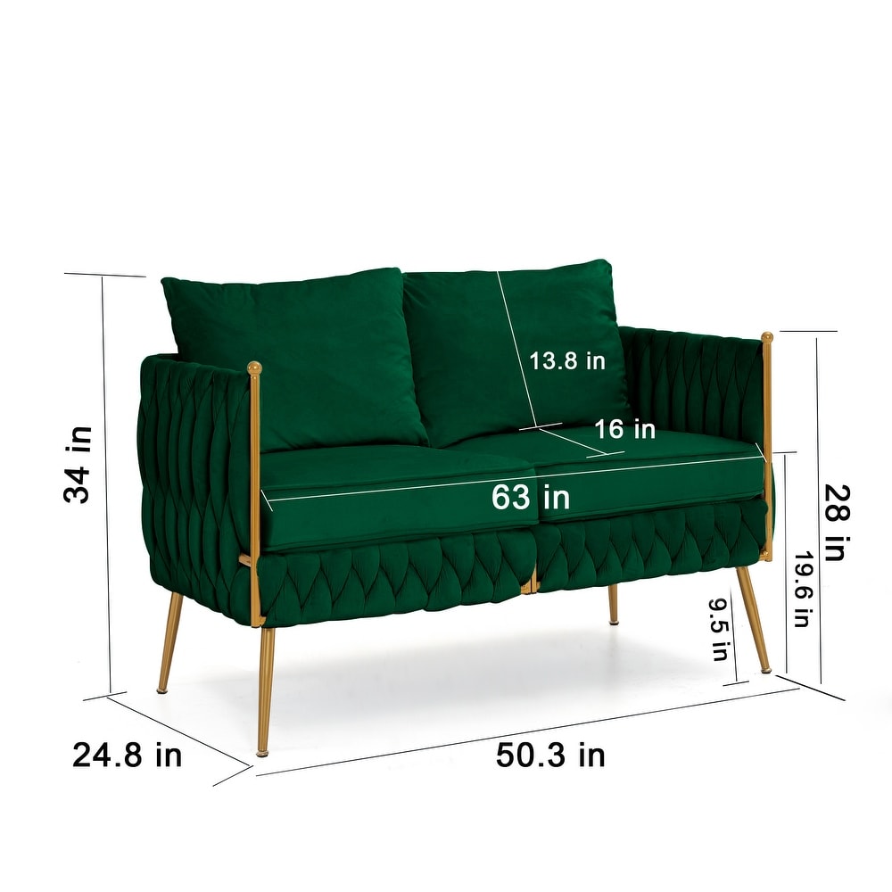 2pcs Loveseat Sofa Sets  Living Room Woven Double Chair Sofa Velvet Accent Armchair Loveseat with Thick Back  Metal Legs  Green