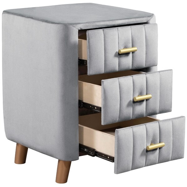 Modern Nightstand with 3 Drawers， Grey Velvet Upholstered Night Stand with Metal Handles， Grey - - 37970263