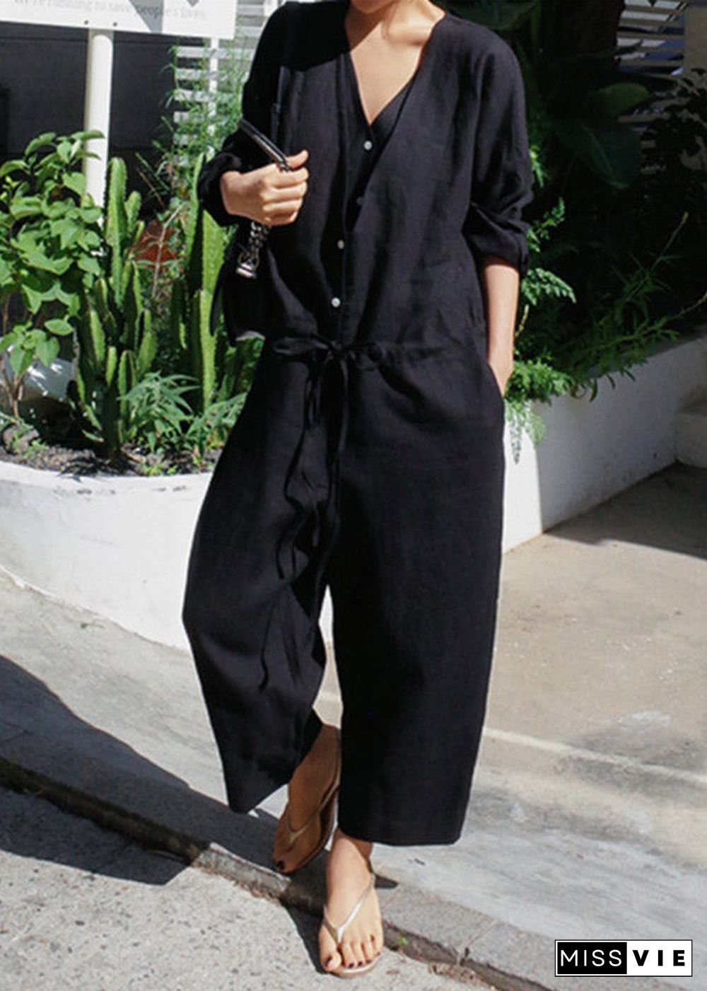 Black V Neck Tie Waist Linen Jumpsuit Spring