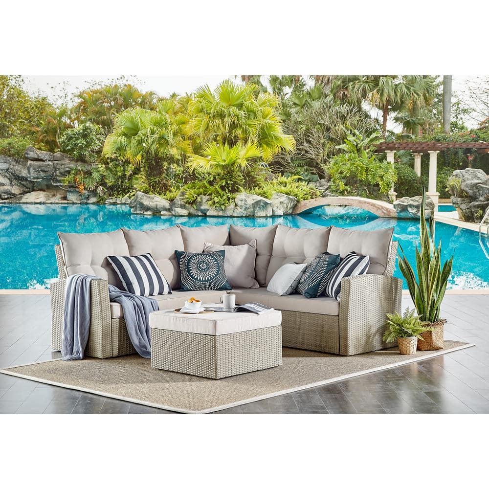 Alaterre Furniture Canaan Beige AllWeather Wicker Outdoor Square Ottoman with Cream Cushion